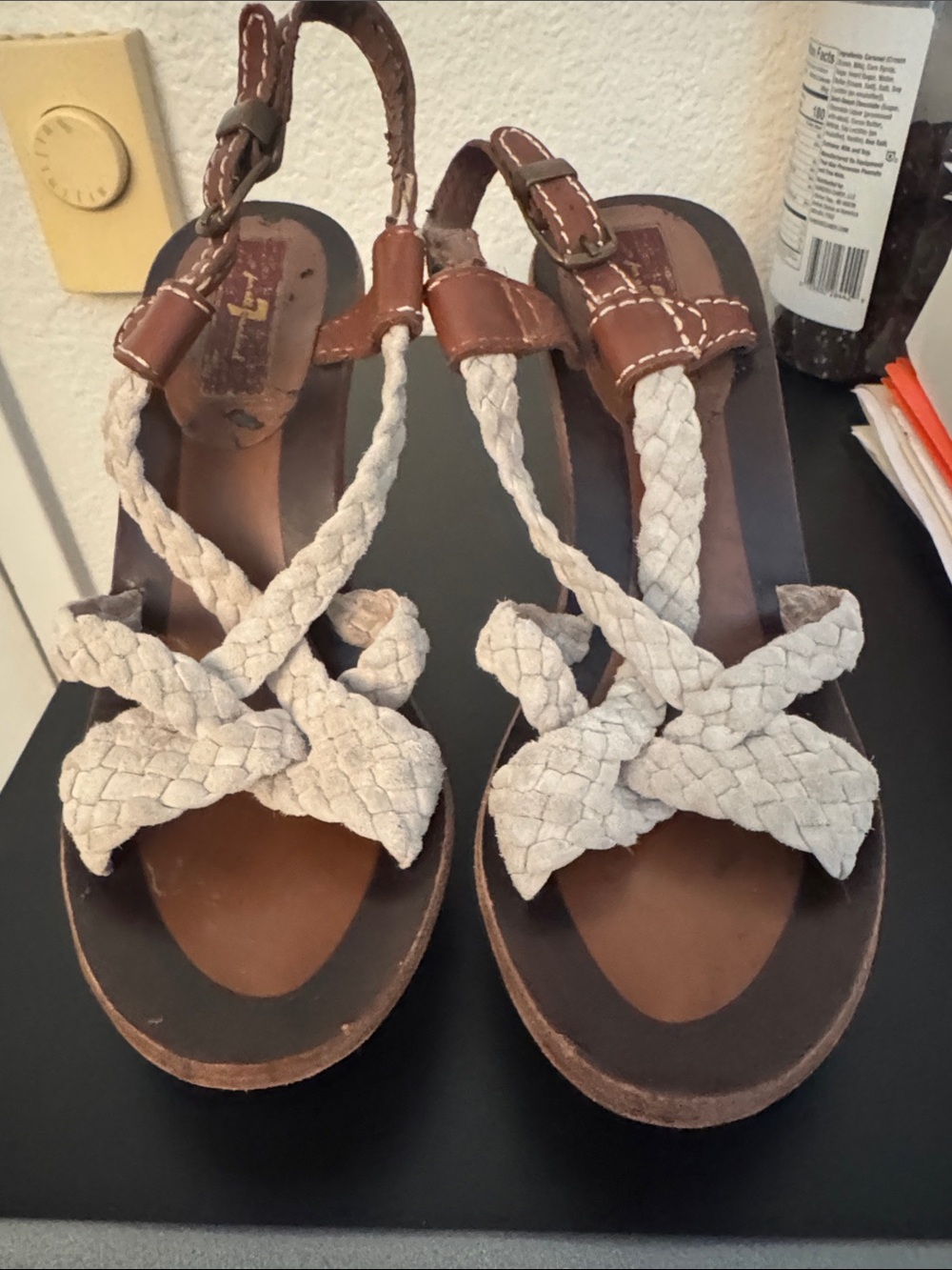 7 For All Mankind Brown Leather Sandals with Cream Braided Straps7 For Mankind